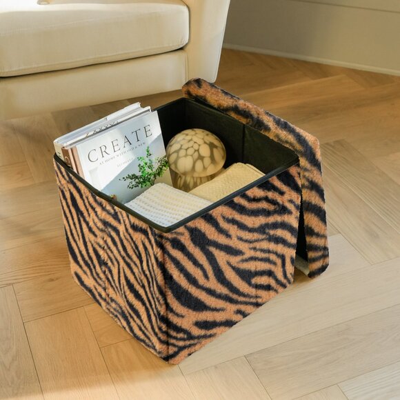 Go-Poufs Knock-Down Medium Cube Faux Fur Storage Ottoman | Tiger Tan/White - Picture 1 of 6